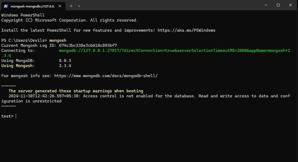 mongosh output