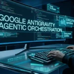 Developer using Google Antigravity IDE in a futuristic 2026 workspace, featuring an ultra-wide monitor displaying Agentic Orchestration and Task Planner modules with Gemini 3 Pro coding interface.