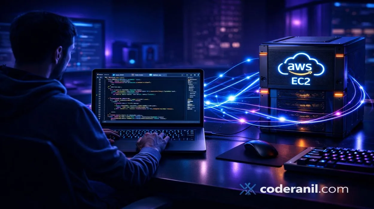 Developer deploying static website on AWS EC2 cloud server using HTML CSS JavaScript