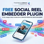 Hero graphic showcasing the Free Social Reel Embedder WordPress plugin by Coderanil for YouTube Shorts, Instagram Reels, and TikTok.