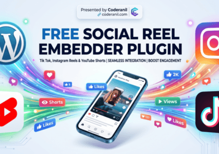 Hero graphic showcasing the Free Social Reel Embedder WordPress plugin by Coderanil for YouTube Shorts, Instagram Reels, and TikTok.