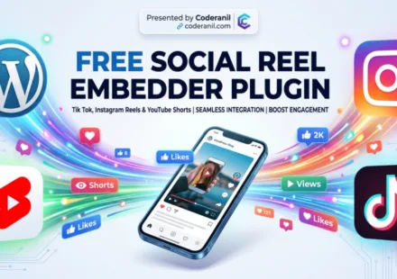 Hero graphic showcasing the Free Social Reel Embedder WordPress plugin by Coderanil for YouTube Shorts, Instagram Reels, and TikTok.