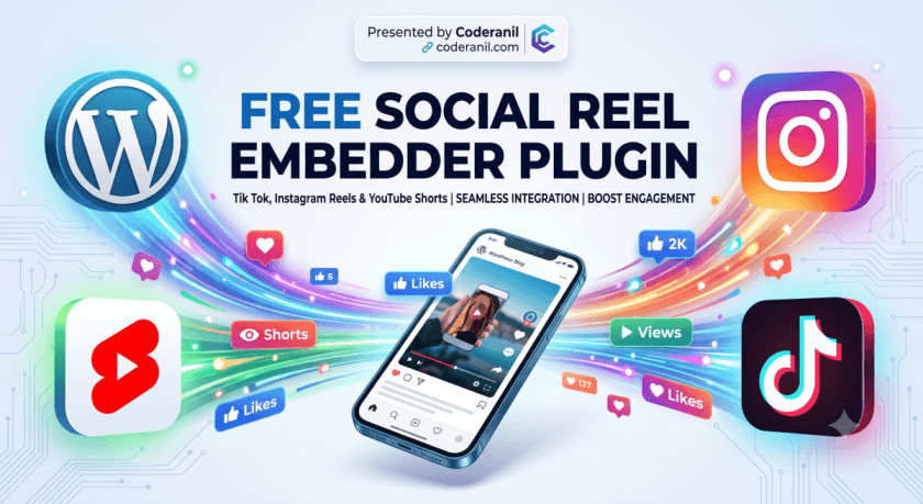 Hero graphic showcasing the Free Social Reel Embedder WordPress plugin by Coderanil for YouTube Shorts, Instagram Reels, and TikTok.