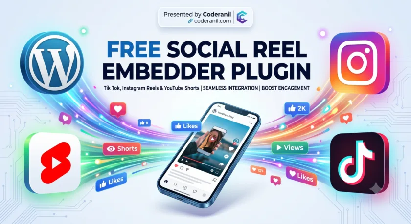 Hero graphic showcasing the Free Social Reel Embedder WordPress plugin by Coderanil for YouTube Shorts, Instagram Reels, and TikTok.