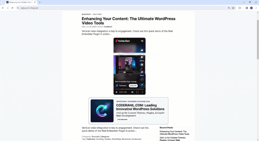 Frontend preview of a perfectly center-aligned YouTube Short embedded inside a live WordPress blog post using the Coderanil plugin.