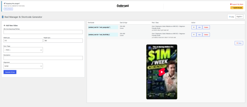Featured graphic for the Free Social Reel Embedder Plugin, displaying WordPress, YouTube Shorts, and Instagram icons with Coderanil branding.