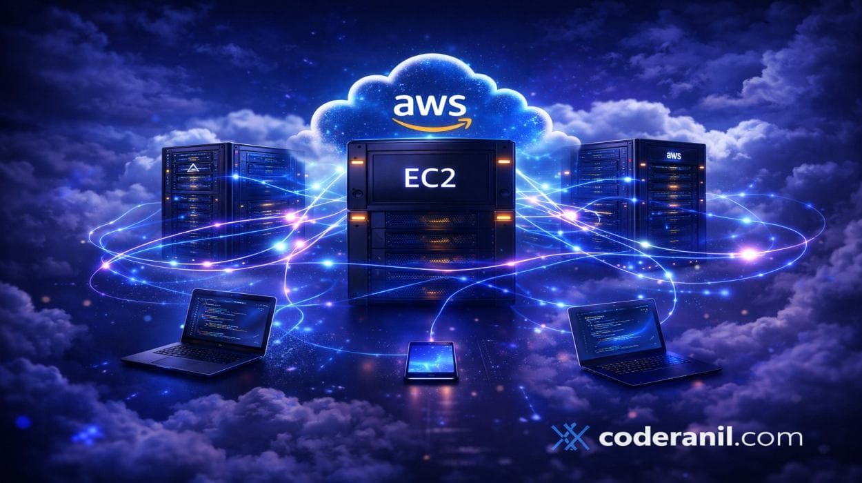 AWS EC2 cloud hosting architecture with connected servers and devices