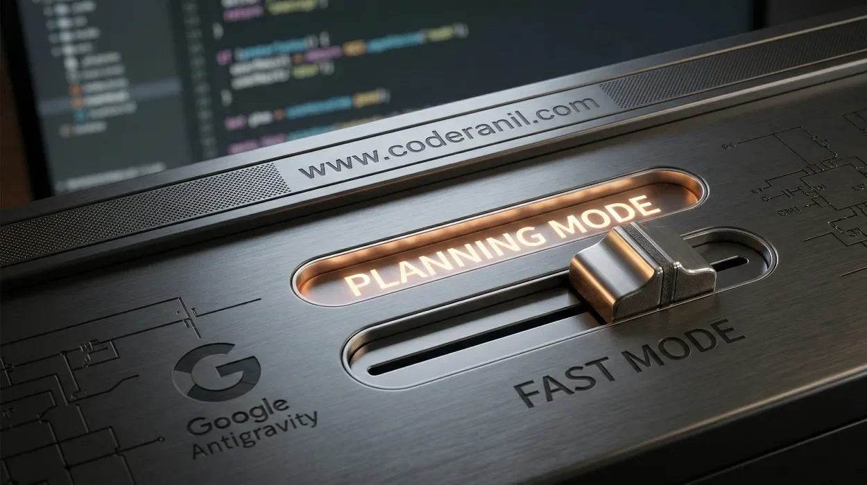 Close-up of a metallic hardware-style toggle switch in Google Antigravity IDE interface, transitioning between Fast Mode for quick edits and Planning Mode for autonomous software development.