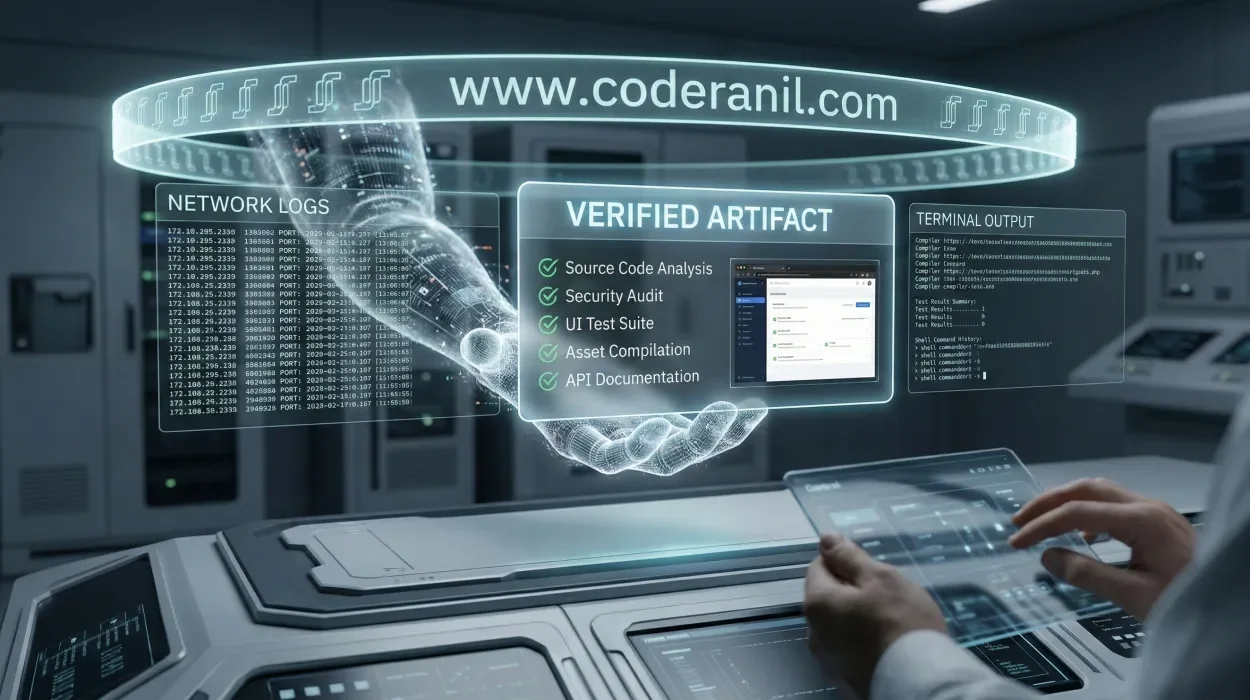 Holographic display of Artifact-based verification in Google Antigravity IDE, showing a Verified Artifact checklist, browser screenshots, and terminal logs presented by an AI interface.