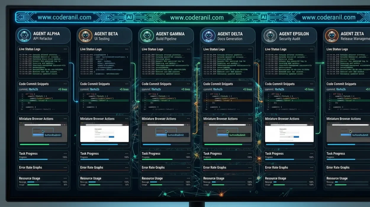 Enterprise AI Agent Manager dashboard in Google Antigravity IDE, visualizing multiple autonomous agents (Alpha, Beta, Gamma) performing API refactoring, UI testing, and build pipeline orchestration in 2026.